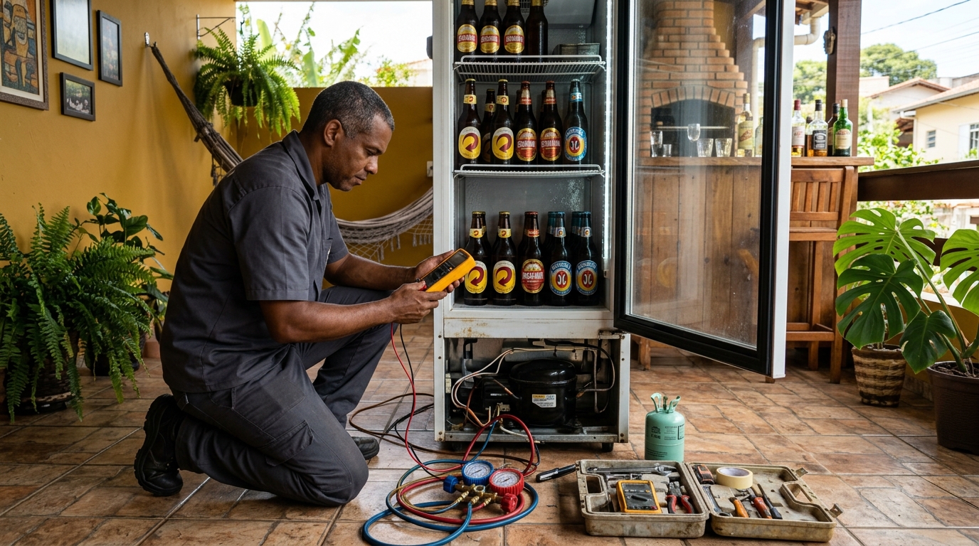 Placa eletrônica de cervejeira em reparo na bancada em Manaus‑AM
