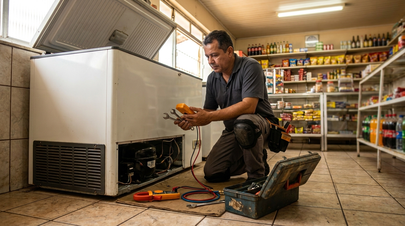 Técnico reparando o motor de um freezer horizontal em Manaus‑AM
