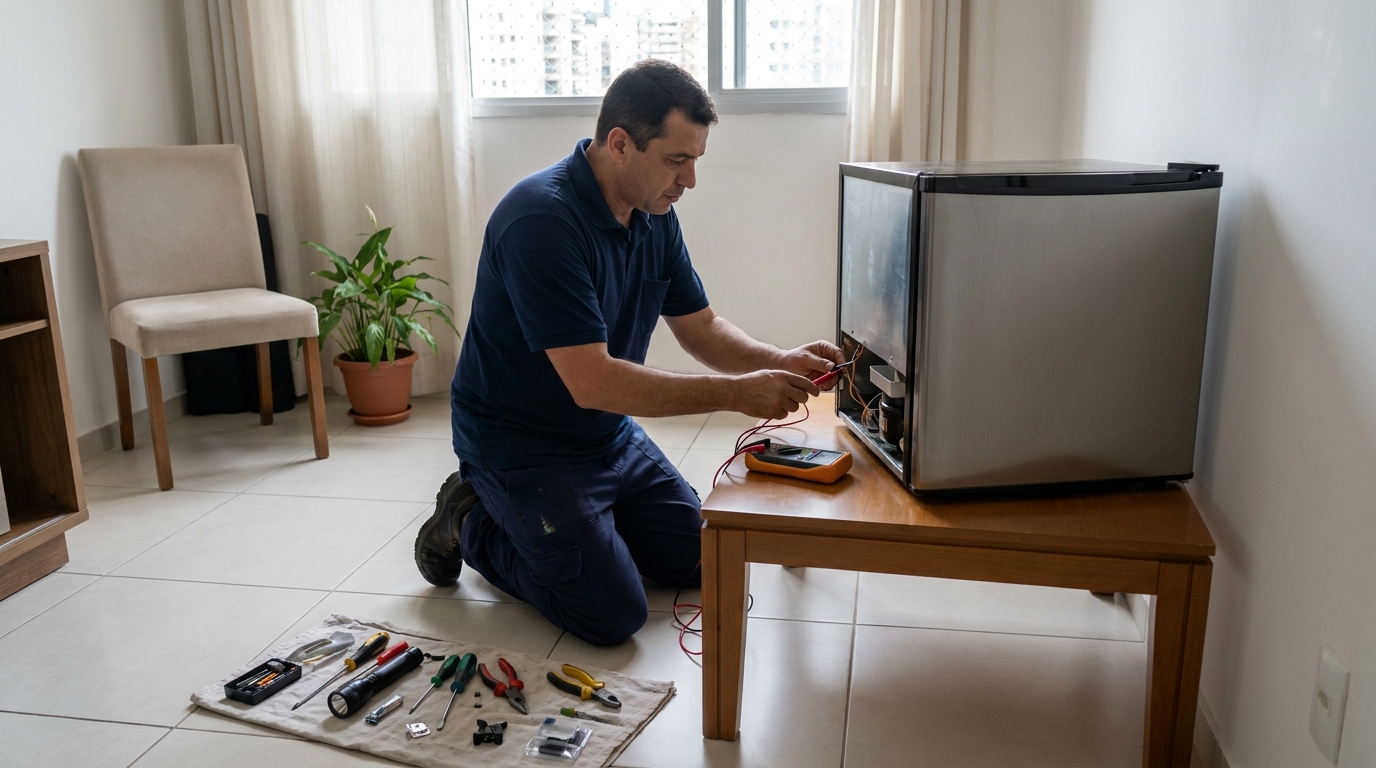 Técnico revisando o motor de um frigobar em Manaus‑AM