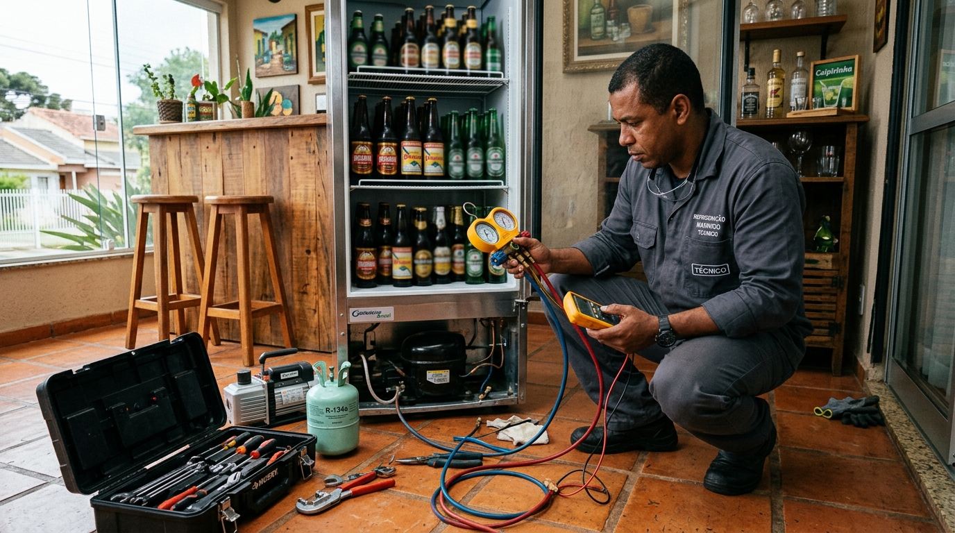 Técnico conferindo a temperatura de uma cervejeira durante atendimento em Manaus‑AM
